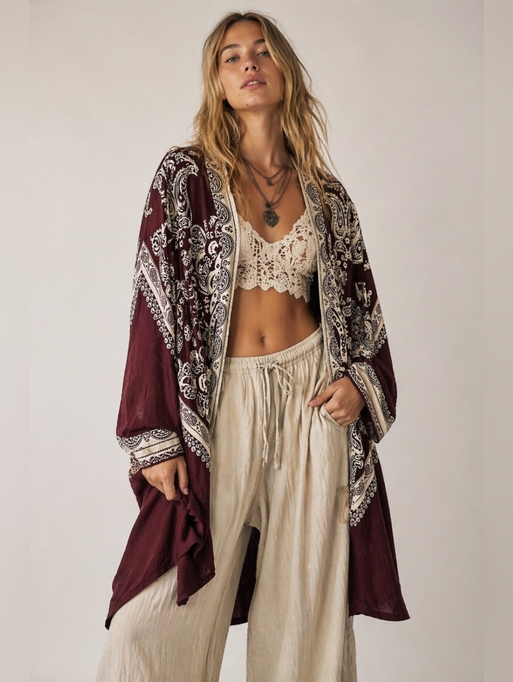 Free People Satin Bandana Print Duster Size S Boho Kimono Cardigan